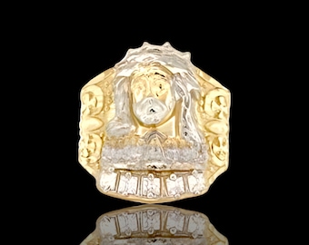 10K Solid Gelbgold Diamantschliff Große Männer Jesus Kopf Abendmahl CZ Ring Echtes solides 10K Gelbweißgold