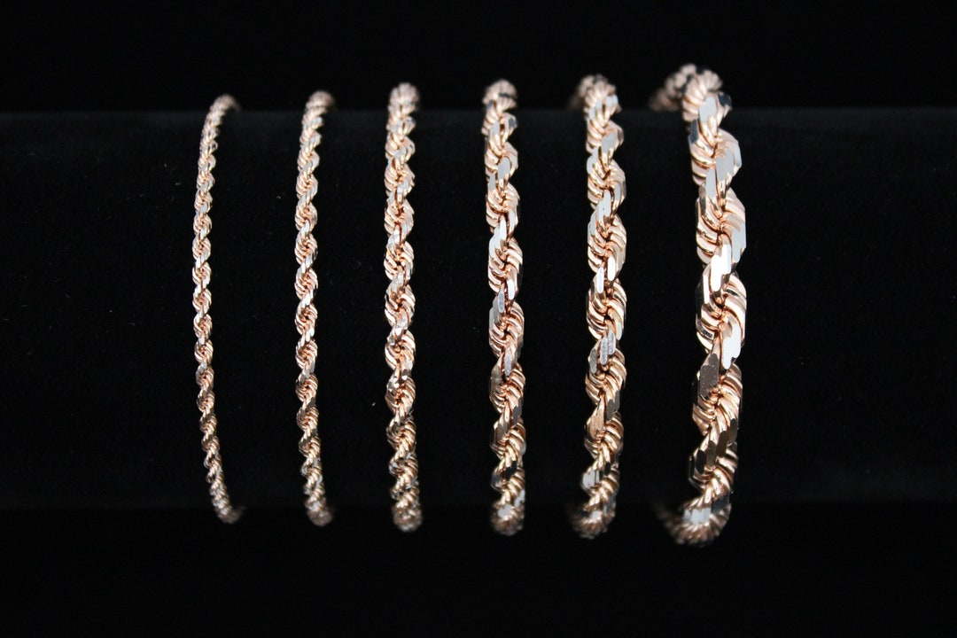 10K Fully Solid Gold Rope Chain Rose Gold Rope Chain Bracelet Diamond