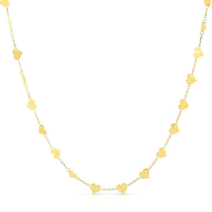 Solid 14K Yellow Gold 38 Mirrored Chain Heart Station Necklace