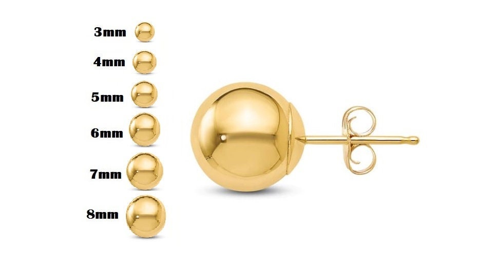 14K Gold Ball Earrings, 3MM, 4MM, 5MM, 6MM, 7MM, 9MM, 10MM