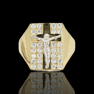 CZ Jesus Crucifix Ring Real Solid 10K Yellow White Gold - All Sizes