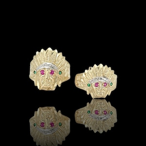Men&#39;s Textured Indian Chief Head Ring Real Solid 10K Yellow Gold