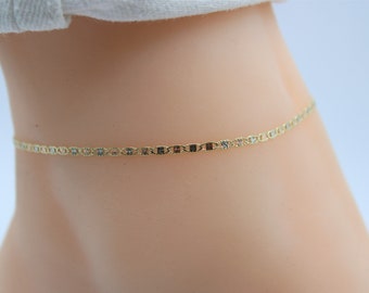 14K Tri-Color Anchor Valentino Chain Anklet, 14K Gold Chain Anklet, Flat Link Chain Gold Anklet, 14K Solid Gold Chain 10 inch Anklet