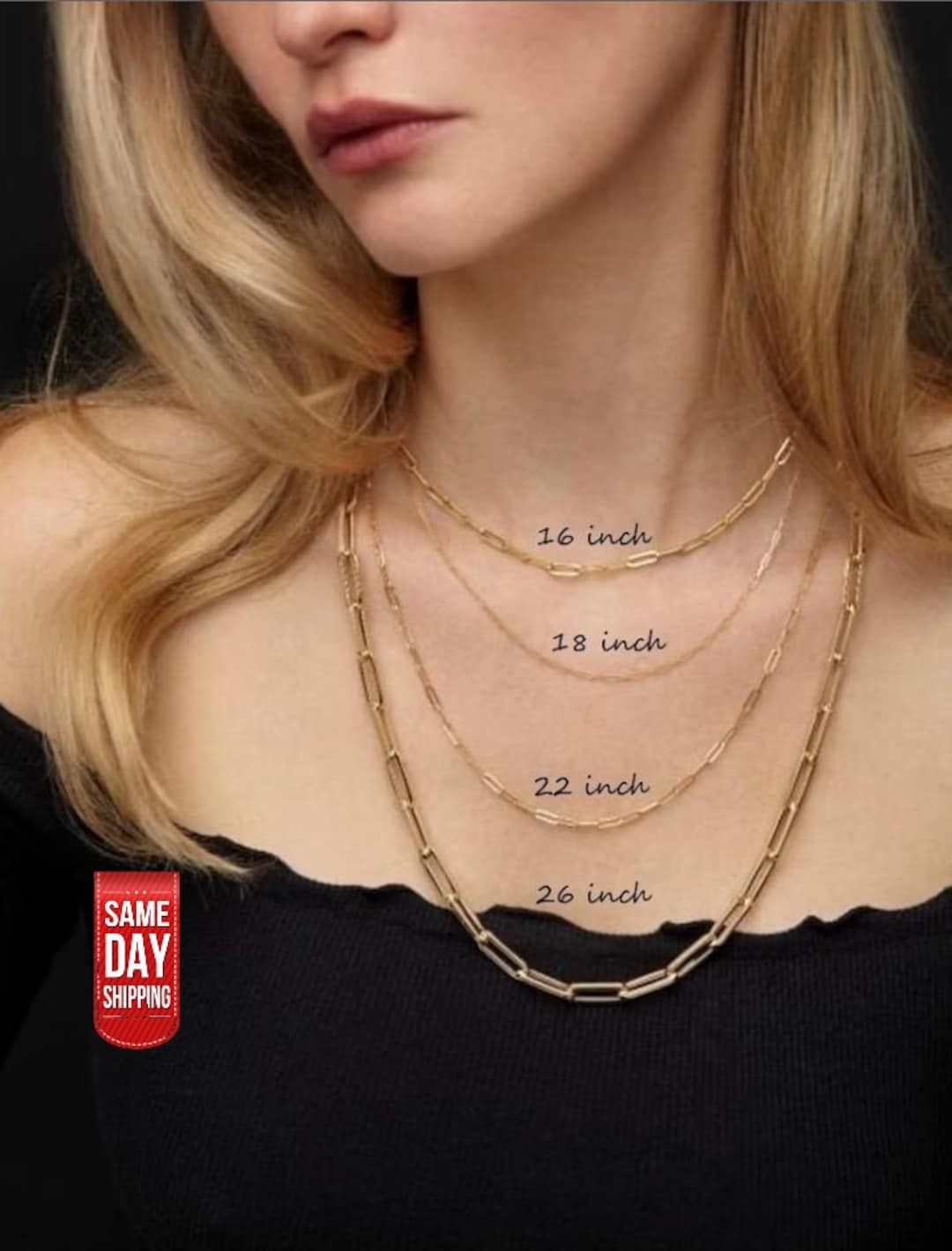 Solid 14k Gold Italian Paperclip Chain Necklace 2mm, 3mm, 4mm, 5mm - Main Image