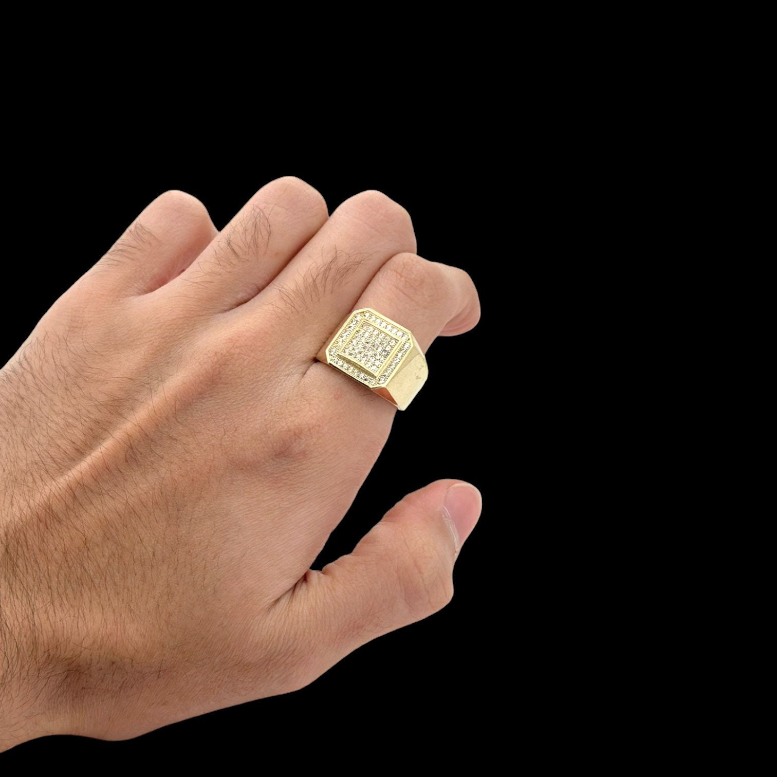 Men's 14k Yellow Gold Invisible Set CZ Ring - Perfect Square Top Design With 9 Cubic Zirconia Stones (Size 6.75)