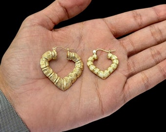 10K Yellow Gold Graduated Bamboo Heart 10K Earrings, 10K Vintage Bamboo Style, Gift for Her Any Occasion