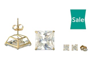 14k solid White or Yellow Gold Square Cut cubic zirconia Earrings Sizes 3MM 4MM 5MM 6MM 7MM 8MM 9MM 10MM - Real 14k Gold