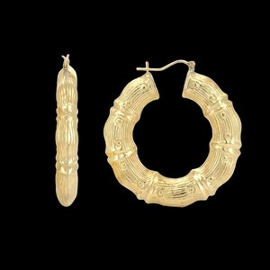 Solid 10K Yellow Gold 50mm Wide Bamboo Patterned Thick Hoop Earrings / Perfect Gift For Her