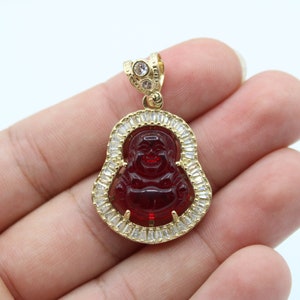 Genuine Jade Pendant Laughing Buddha Necklace - 14K Solid Gold - Real Jade - Hand-Carved Jade - Hotei - Good Fortune - Wisdom - Red Jade