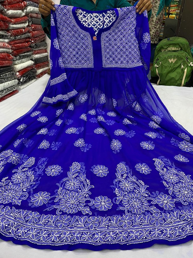 Free Inner Designer Wear Georgette Anarkali kurta And Pants Lucknow chikankari Hand embroidery Ethnic Wear Indian style kurti Kurta