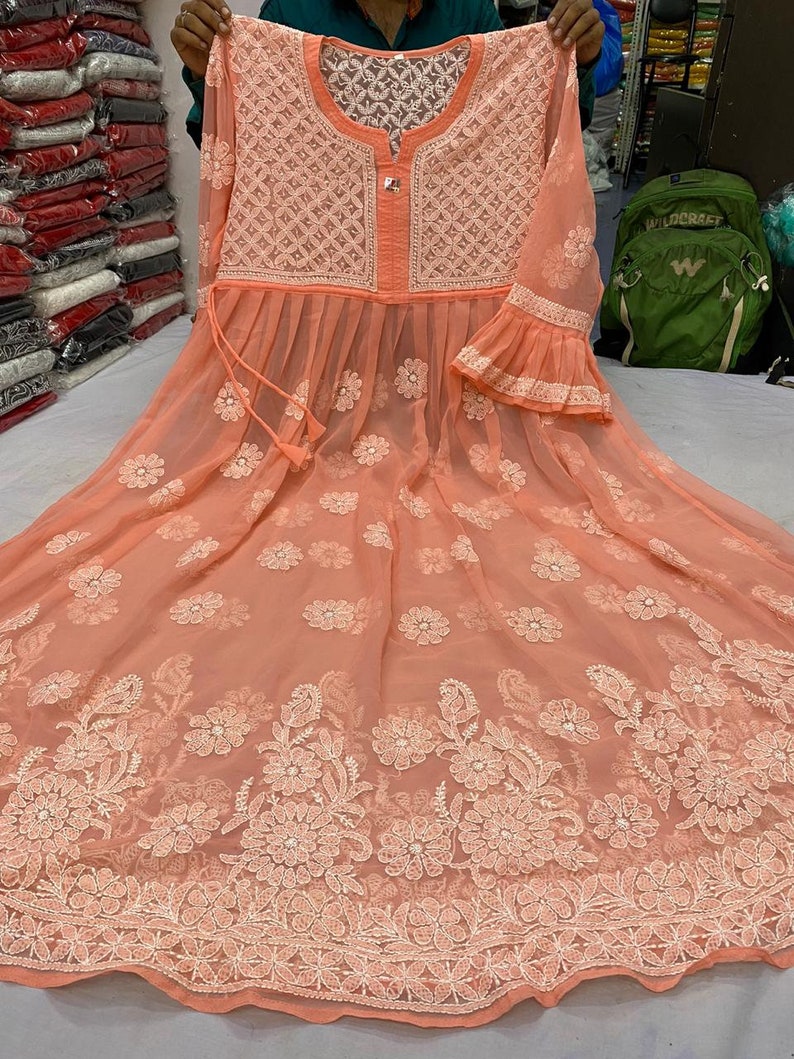 Free Inner Designer Wear Georgette Anarkali kurta And Pants Lucknow chikankari Hand embroidery Ethnic Wear Indian style kurti Kurta