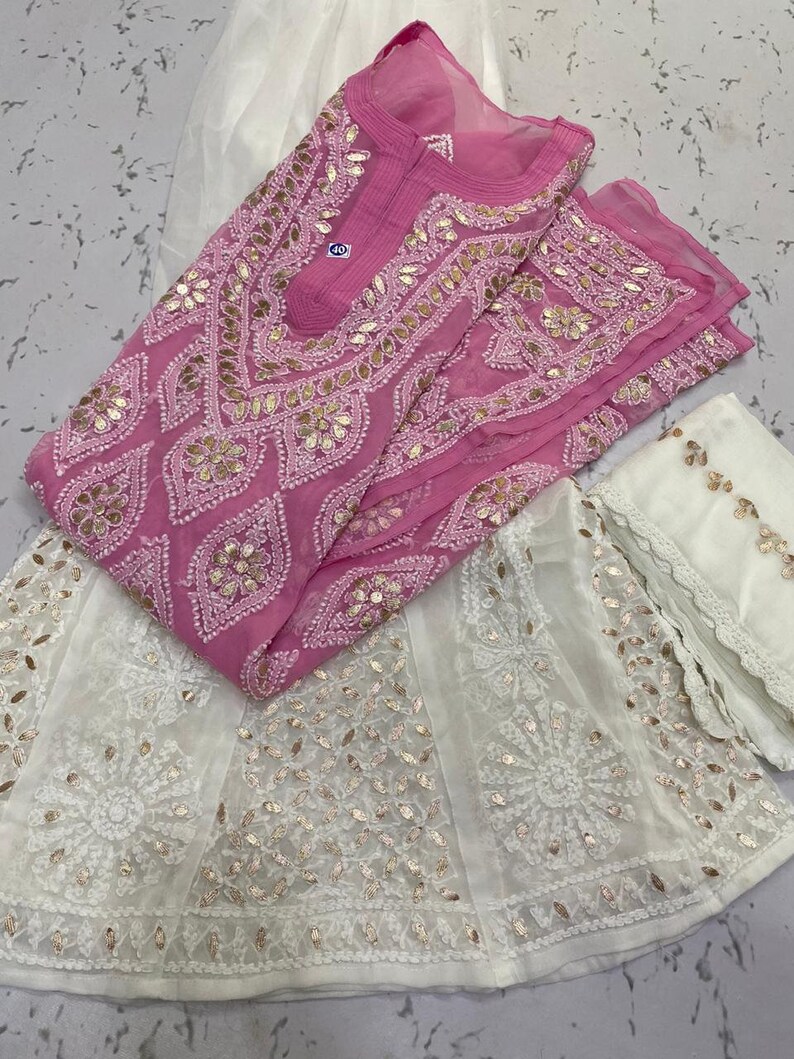 Free Inner Designer Wear Georgette Anarkali kurta And Pants Lucknow chikankari Hand embroidery Ethnic Wear Indian style kurti Kurta