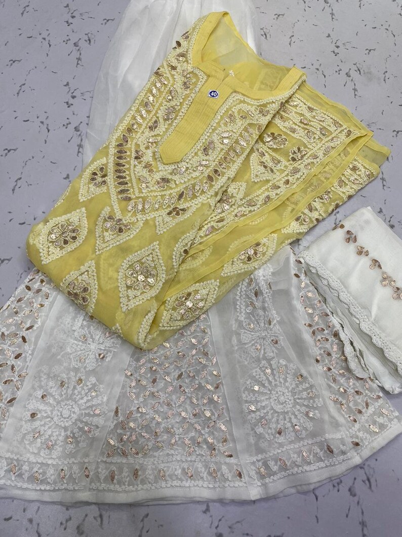 Free Inner Designer Wear Georgette Anarkali kurta And Pants Lucknow chikankari Hand embroidery Ethnic Wear Indian style kurti Kurta