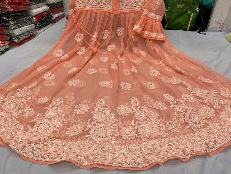 Free Inner Designer Wear Georgette Anarkali kurta And Pants Lucknow chikankari Hand embroidery Ethnic Wear Indian style kurti Kurta