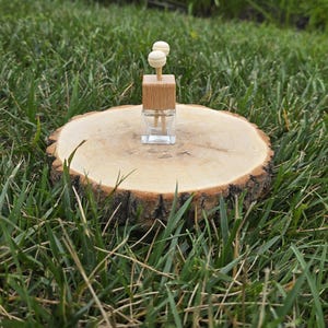 May include: A clear glass bottle with a wooden top and two small, round, light-coloured wooden accents. The bottle sits on a round, light-coloured wooden slice with a dark bark edge, placed on green grass.