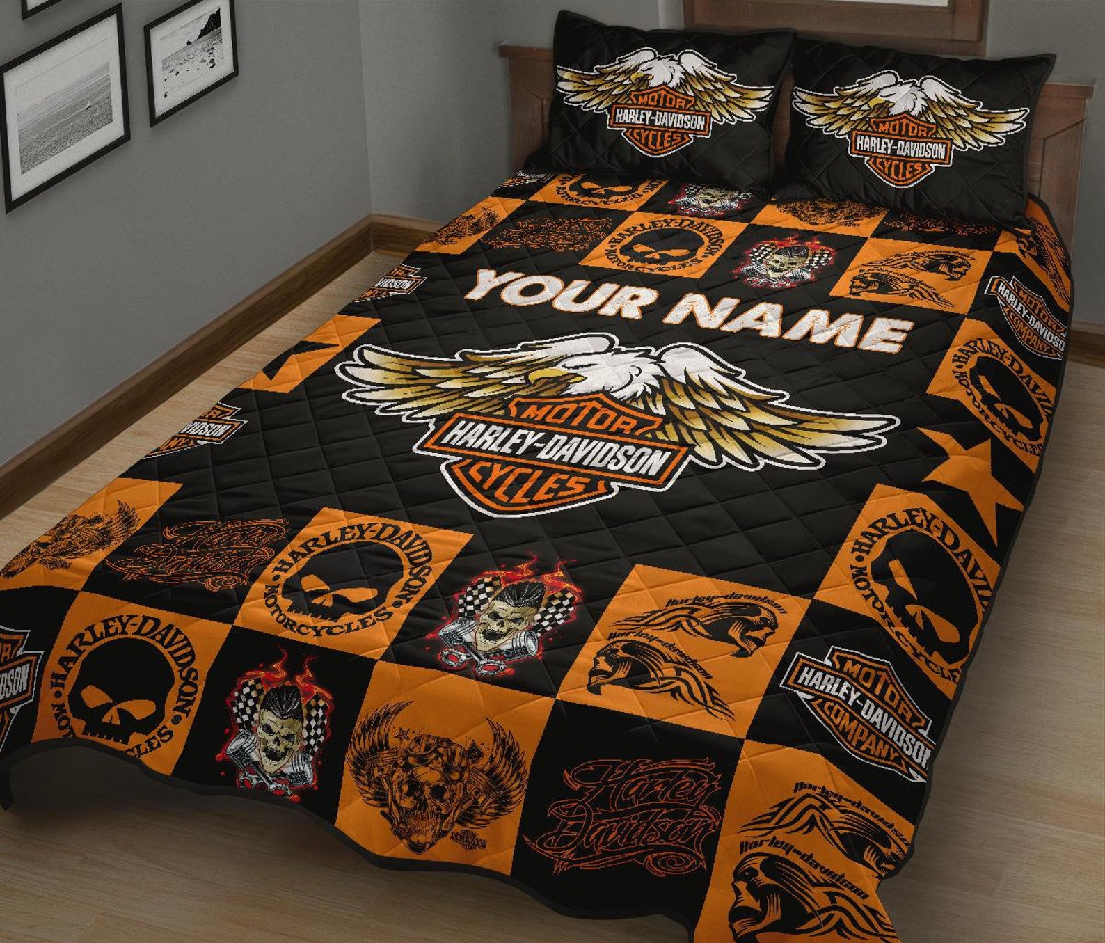 Custom Name Harley Davidson Quilt Bed Set And Bedding Set 3 Etsy