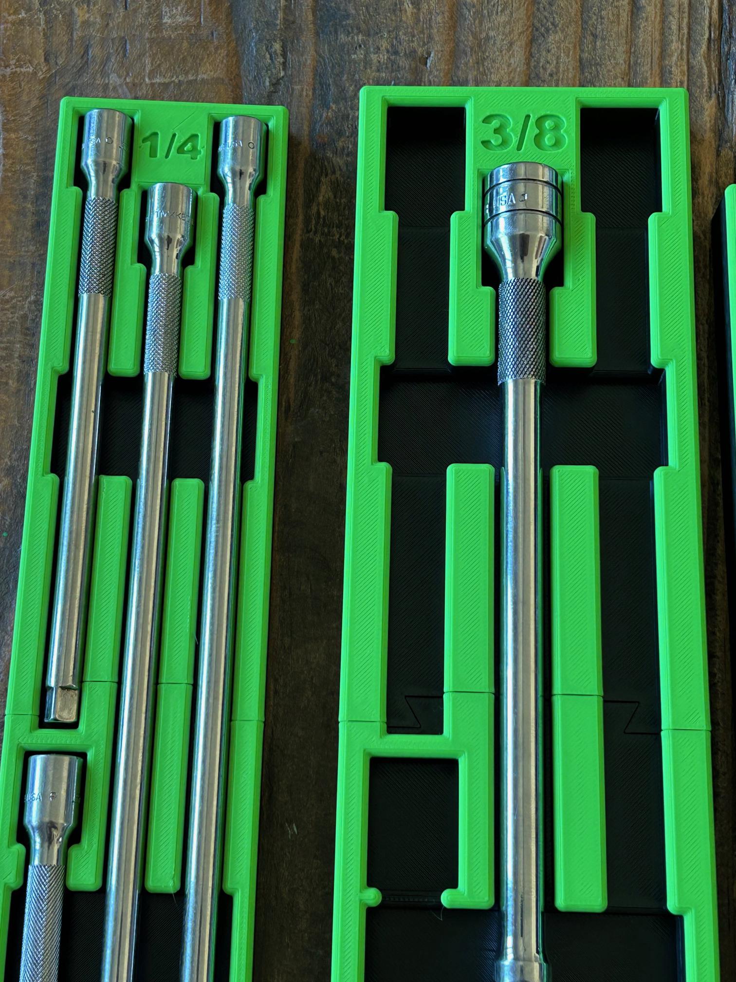Snap on 3D Printed Extension Tool Organizer Tray: 1/4, 3/8, 1/2
