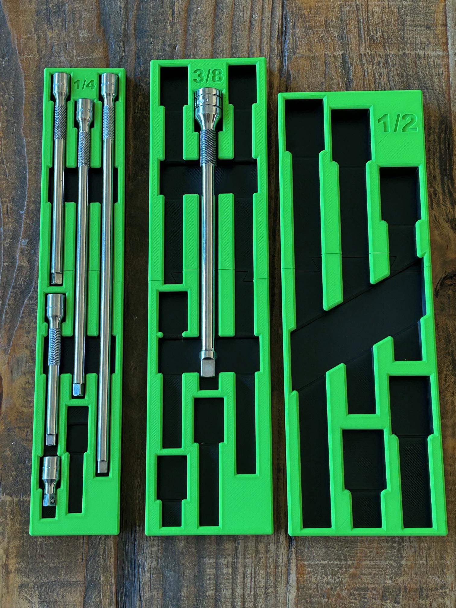Snap on 3D Printed Extension Tool Organizer Tray: 1/4, 3/8, 1/2