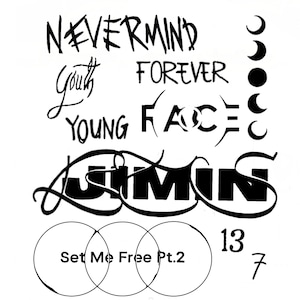 Jimin of BTS, UPDATED nevermind, Youth, Young, Forever, 13 en 7 tattoostickers/-stickers