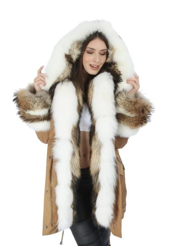 Women's Parka With Real Fox Fur Brown-White fur with | Etsy