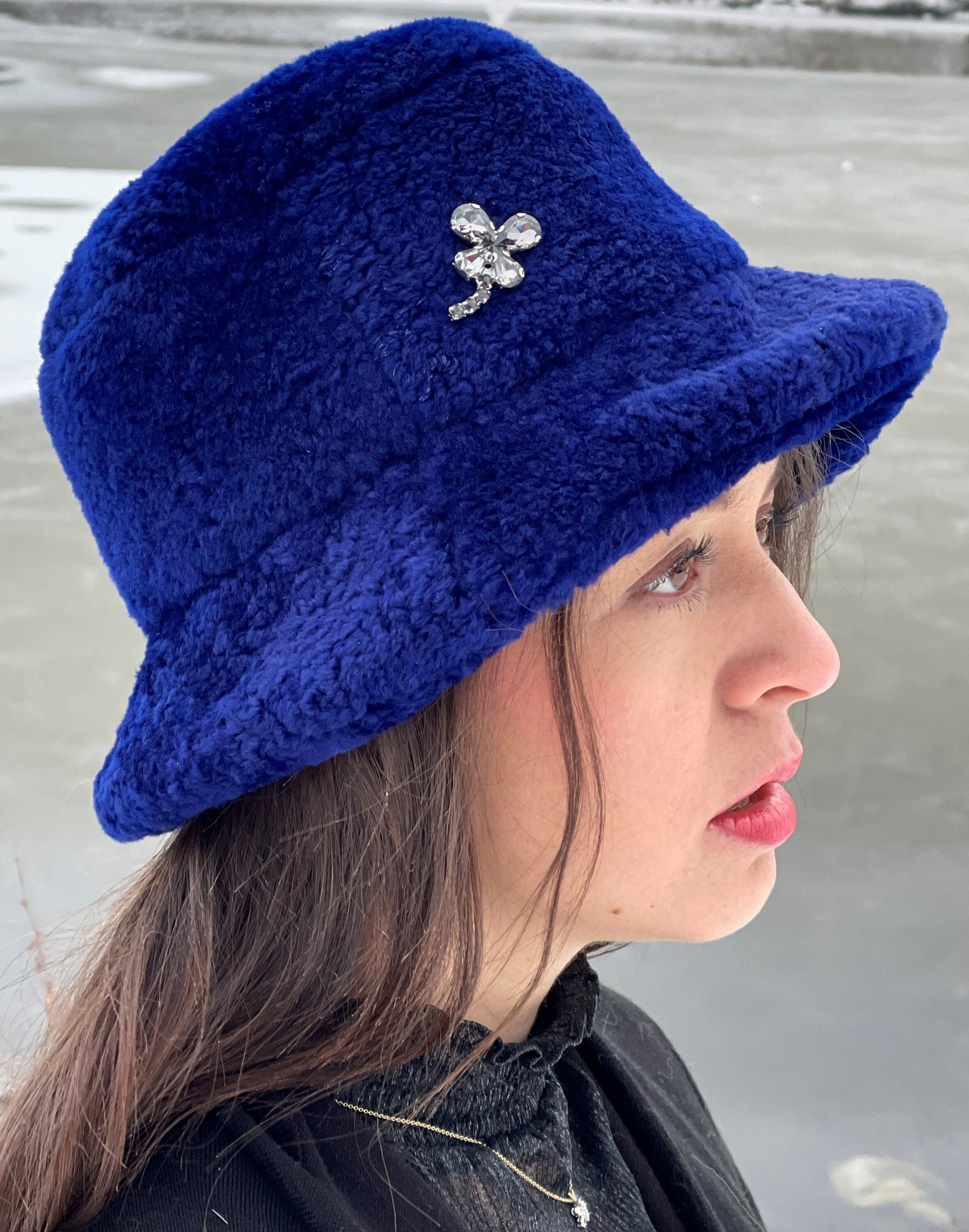 LA DIOR-BL Women Leather Hat Blue With 