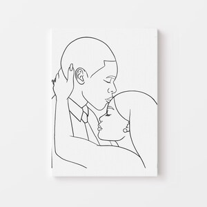 May include: Line art drawing of a couple embracing and kissing. The man is wearing a suit jacket and the woman is wearing a dress. The drawing is in black and white.