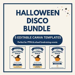 Könnte beinhalten: Eine digitale Grafik mit dem Text HALLOWEEN DISCO BUNDLE und 5 EDITABLE CANVA TEMPLATES. Darunter befinden sich drei Flyer-Designs mit einem Kürbis mit Hexenhut, Spinnengrafiken und Texten wie HALLOWEEN DISCO sowie Details zu Schulveranstaltungen.
