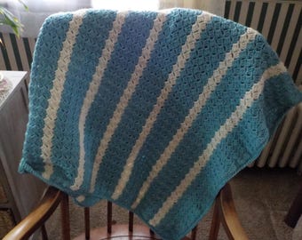 Crochet Throw/Blanket, Blue Stripe Afghan, Lapghan