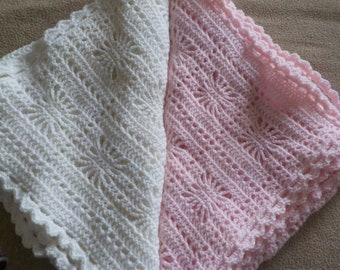 White Baby Blanket, Pink Baby Blanket, Baptism/Christening Baby Blanket, Hand Crochet Baby Blanket, Boy/Girl Baby Blanket