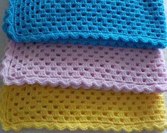 Crochet Baby Blanket, Blue, Pink Rose, Yellow, Baby Boy, Girl Blanket, Granny Square