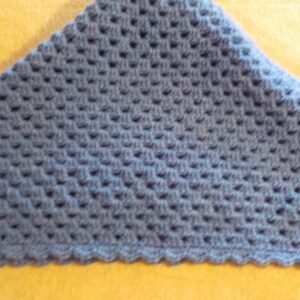 Peut inclure: Un ch&acirc;le triangulaire en crochet bleu avec un bord festonn&eacute;.