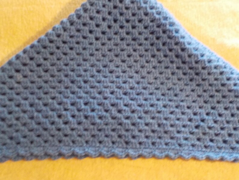 Peut inclure: Un ch&acirc;le triangulaire en crochet bleu avec un bord festonn&eacute;.