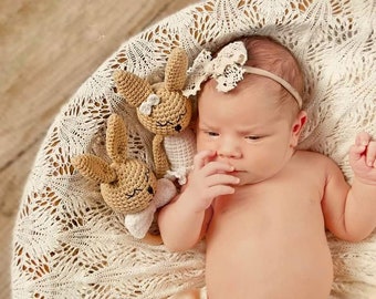 Newborn baby toy  Welcom baby gift set Baby shower gift  Cute crochet bunny toy