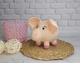 Handgemachtes Schweinchen Plüschtier,Amigurumi rosa Schweinspielzeug,Lustiges lächelndes häkelnschwein