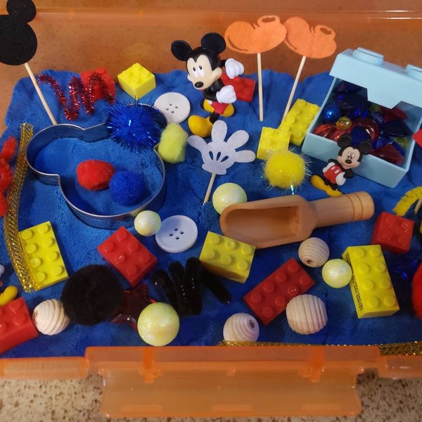 Mickey Mouse Inspired Kinetic Sand Sensory Bin, Hot Diggity Dog, Travel Fun, Busybox, Birthday Gift, Spring, Easter