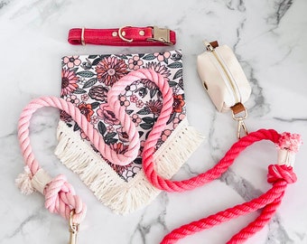 RETRO FLORAL Dog Collar, Leash, bandana Set with matching poop bag holder puppy training dog mom Gifts summer trend Small/medium dog
