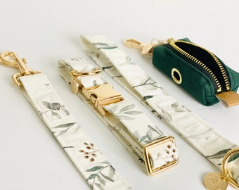Dog Collar and Leash Set with Poop bag holder|| Native Eucalyptus Watercolor Gift for puppy || Personalized dog collars
