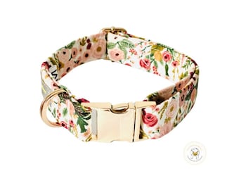 Dog Collar Garden Party Peach floral | Whimsical Peach and Green Spring Wedding Girl Collar with Quick Release Buckle | Floral Dog Collar