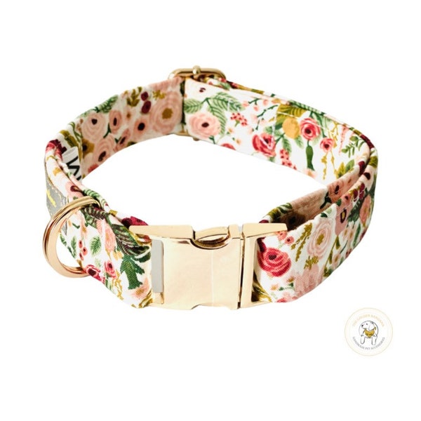 Dog Collar Garden Party Peach floral | Whimsical Peach and Green Spring Wedding Girl Collar with Quick Release Buckle | Floral Dog Collar