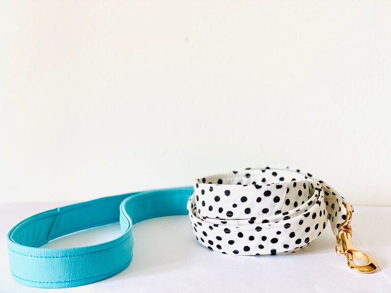 May include: Two dog leashes, one is blue and the other is white with black polka dots. The polka dot leash has a gold metal clip.