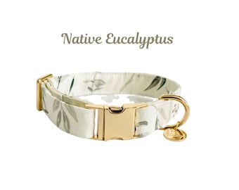 Native Eucalyptus Dog Collar w/ Metal Buckle, HAND MADE, watercolor illustrations, Sage Green Boy and Girl washable w/FREE matching Key fob