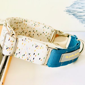 May include: A white dog collar with a colorful confetti pattern and a blue fabric lining. The collar has a silver buckle and a silver D-ring. The collar is labeled "The Golden Buckle".