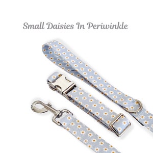 Daisies in Periwinkle Dog Collar and Matching Leash Set Designer fabric adjustable Dog Gifts dog walking accessories puppy gift from dog mom