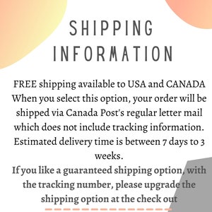 May include: Text on a white background with a peach and gray color gradient in the corners. The text reads: SHIPPING INFORMATION FREE shipping available to USA and CANADA When you select this option, your order will be shipped via Canada Post's regular letter mail which does not include tracking information. Estimated delivery time is between 7 days to 3 weeks. If you like a guaranteed shipping option, with the tracking number, please upgrade the shipping option at the check out