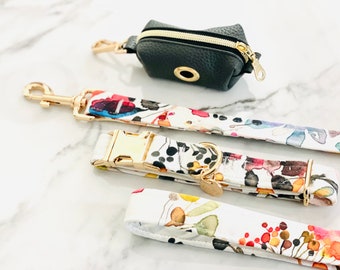 Wild Grasses Watercolor Dog Collar and Leash Set with Poop bag holder, Fall/Christmas Dog Collar, Leash, Puppy Training Floral Dog mom gift