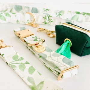 Dog Collar and Leash Set with Poop bag holder| Soft Eucalyptus Watercolor | Adjustable puppy starter kit | Wedding gift idea