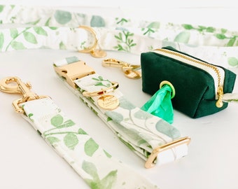 Dog Collar and Leash Set with Poop bag holder| Soft Eucalyptus Watercolor | Adjustable puppy starter kit | Wedding gift idea