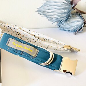 May include: A teal blue dog collar with a white and gold confetti pattern, a silver buckle, and a label that reads "The Golden Bandana".