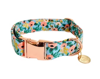Dog Collar Rifle paper Rose in Chambray | Cute Dog Collar | custom pet collar with metal easy release buckle | Puppy small adjustable collar