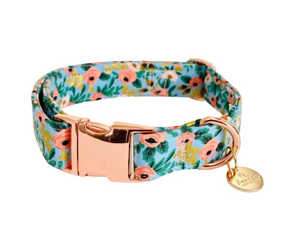 Dog Collar Rifle paper Rose in Chambray | Cute Dog Collar | custom pet collar with metal easy release buckle | Puppy small adjustable collar